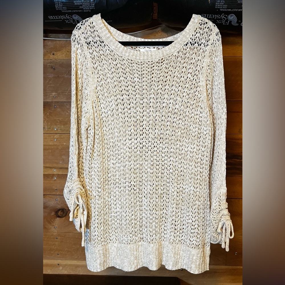 Marled Pointelle Cinched Sleeve Sweater